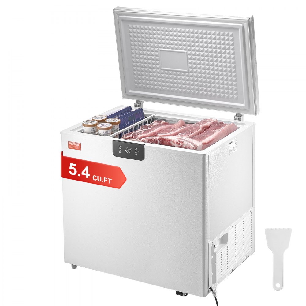 VEVOR chest freezer 5.4 cu.ft with open lid showing ice cream, packaged food, and meat.