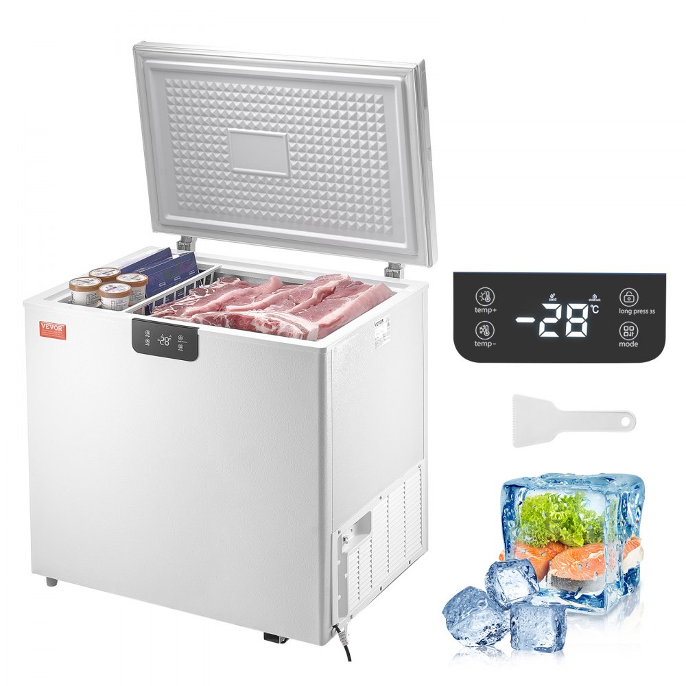 VEVOR chest freezer 5.4 cu.ft with open lid showing ice cream, packaged food, and meat.