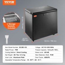 VEVOR Chest Freezer, 5.4 Cu.ft / 153 L Compact Deep Freezer, Free Standing Top Open Door Compact Freezers with 2 Removable Baskets & Adjustable Thermostat, Energy Saving & Low Noise, Black