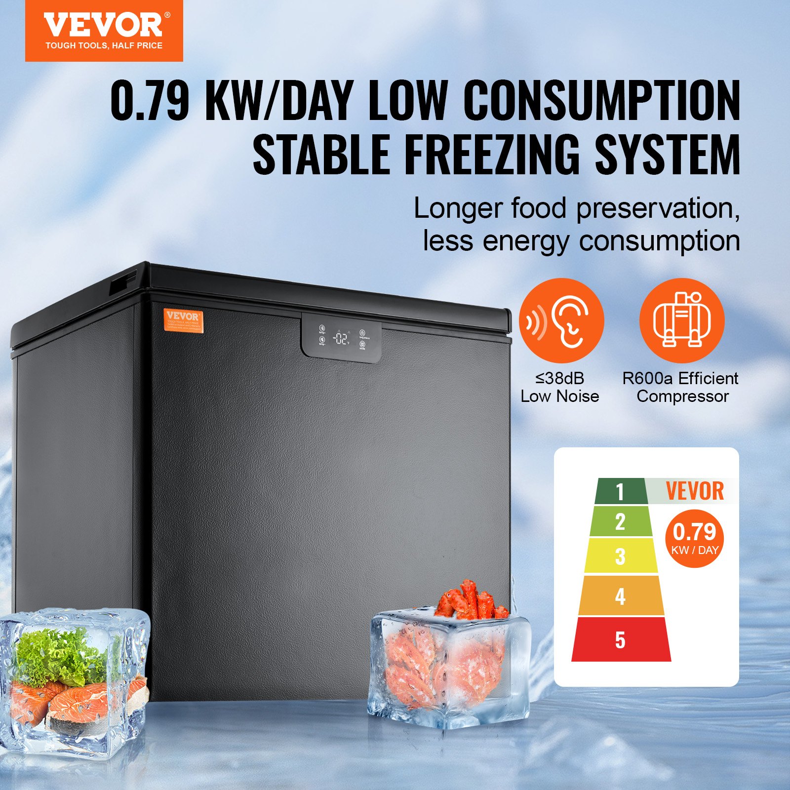 Congelador horizontal VEVOR con compresor eficiente r600a, bajo nivel de ruido &lt;38db, consumo 0,79 kw/día.