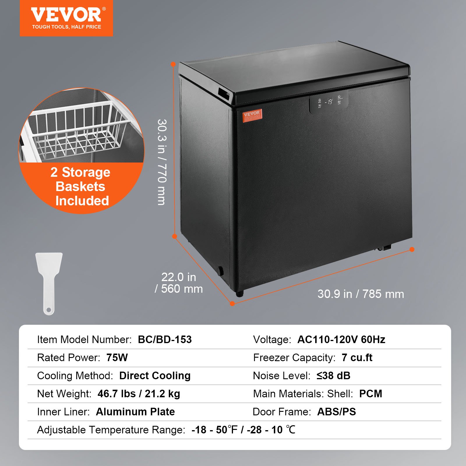 Congelador horizontal VEVOR, 5,4 pies cúbicos, negro, incluye 2 cestas de almacenamiento, dimensiones: 30,9 x 22 x 30,3 pulgadas.