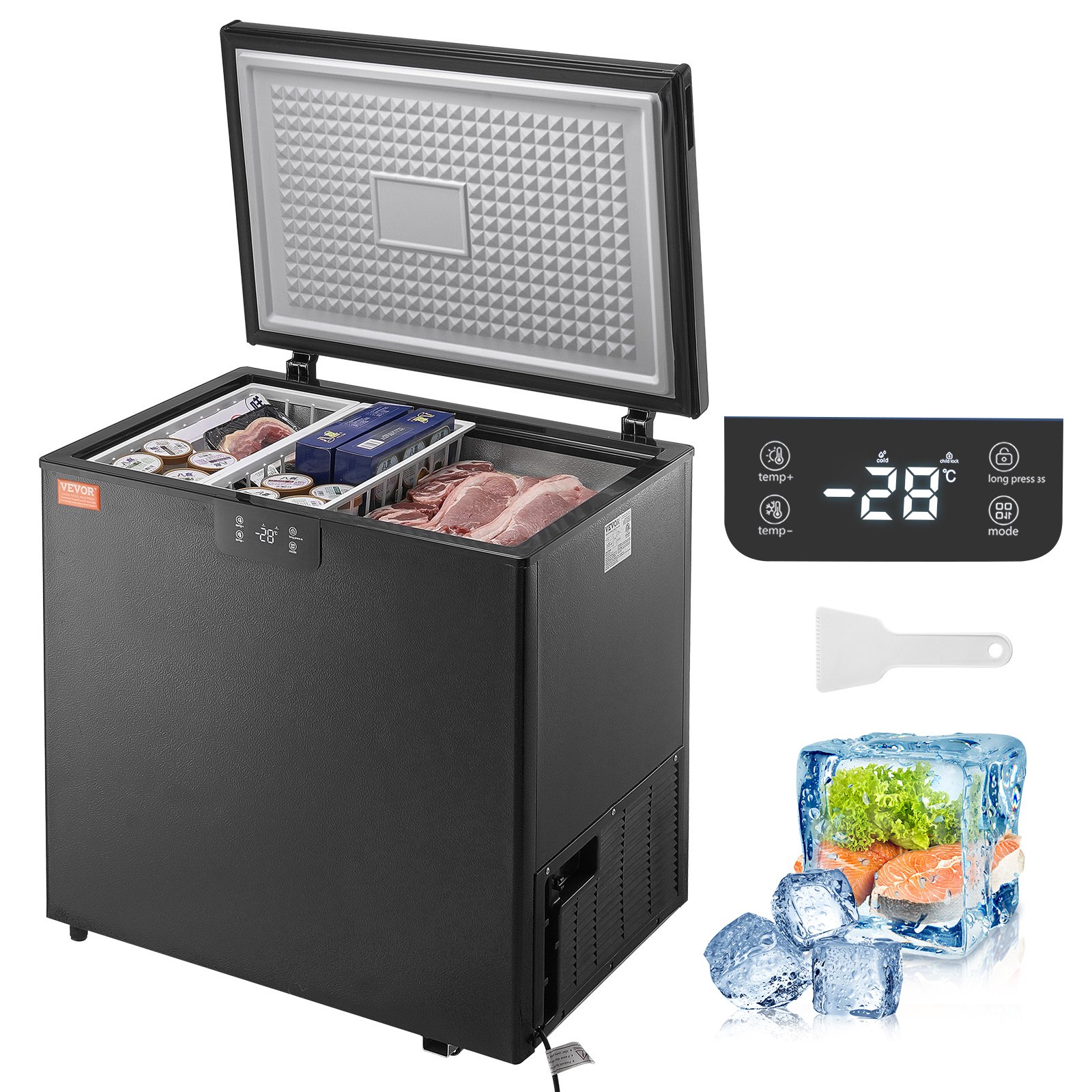 Congelador horizontal VEVOR de 5,4 pies cúbicos con tapa abierta que muestra carne y helado en el interior, exterior negro.