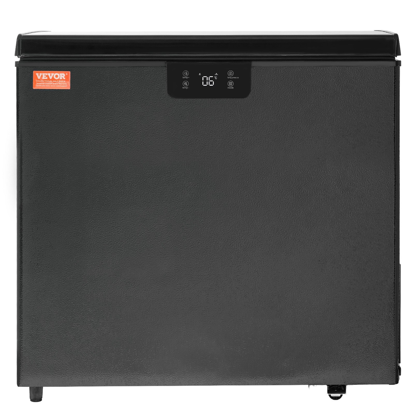 Congelador horizontal VEVOR de color negro con panel de control digital y logotipo naranja en la esquina superior izquierda.