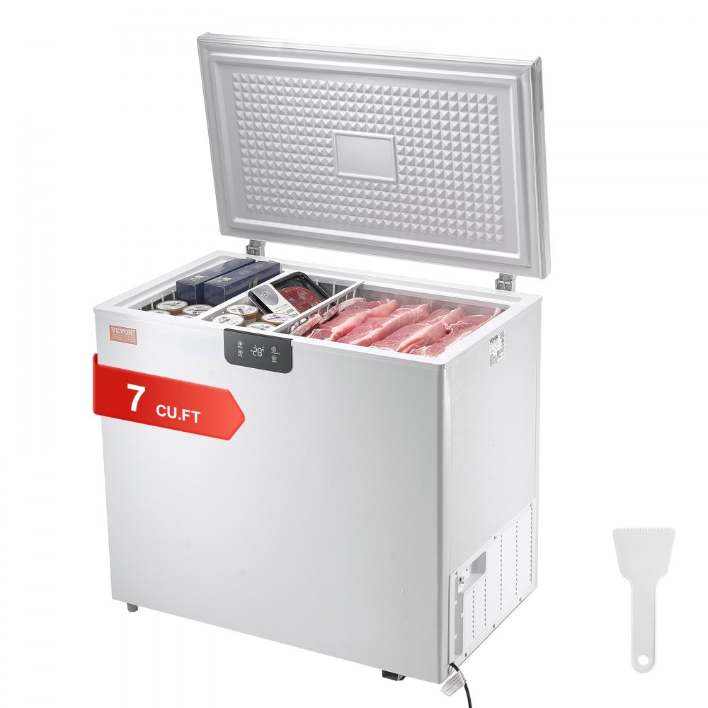 VEVOR chest freezer 7 cu.ft with open lid, showing different frozen foods and included ice scraper.