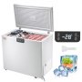 VEVOR chest freezer 7 cu.ft with open lid, showing different frozen foods and included ice scraper.