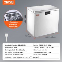VEVOR Chest Freezer, 7 Cu.ft / 198 L Compact Deep Freezer, Free Standing Top Open Door Compact Freezers with 2 Removable Baskets & Adjustable Thermostat, Energy Saving & Low Noise, White