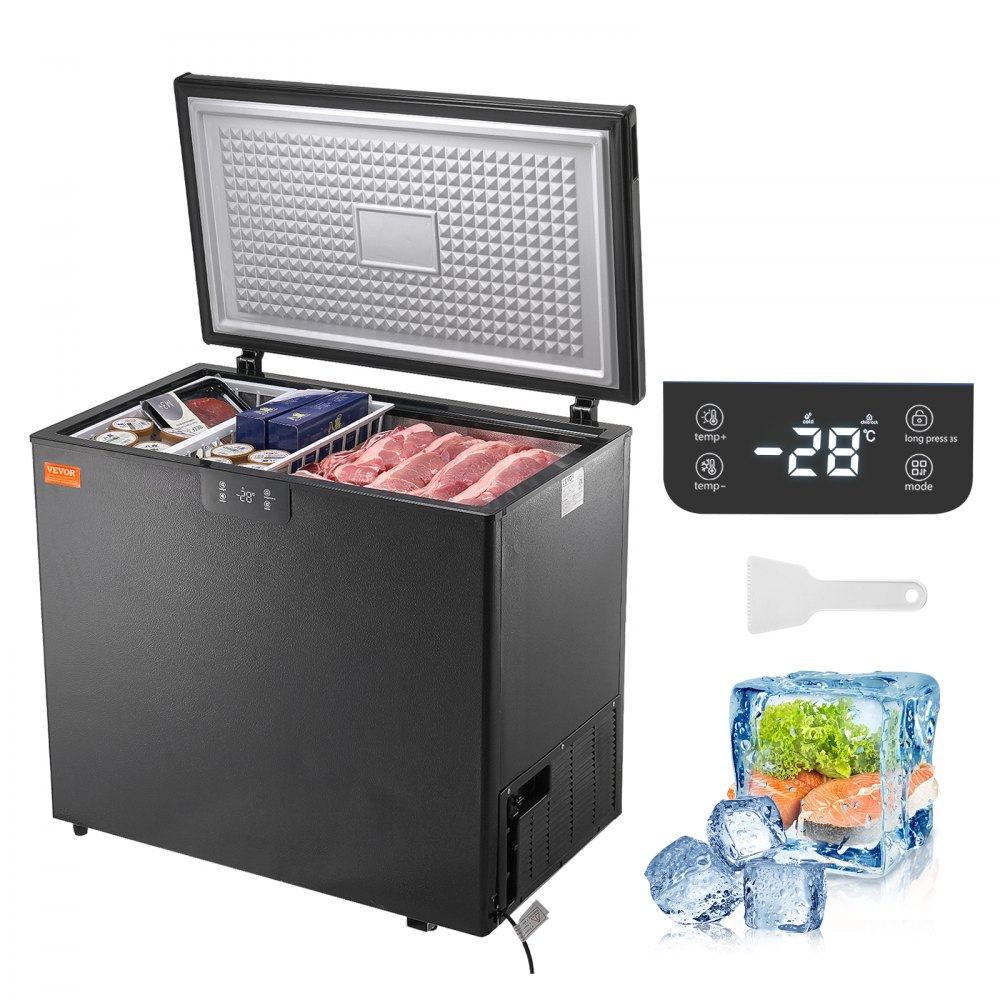 VEVOR chest freezer 7 cu.ft open with organized frozen meat and other food items.