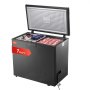 VEVOR chest freezer 7 cu.ft open with organized frozen meat and other food items.