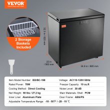 VEVOR Chest Freezer, 7 Cu.ft / 198 L Compact Deep Freezer, Free Standing Top Open Door Compact Freezers with 2 Removable Baskets & Adjustable Thermostat, Energy Saving & Low Noise, Black