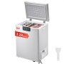 VEVOR chest freezer 2.22 cu.ft with open lid showing ice cream containers and frozen meat.