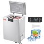 VEVOR chest freezer 2.22 cu.ft with open lid showing ice cream containers and frozen meat.