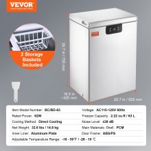VEVOR Chest Freezer, 2.22 Cu.ft / 63 L Compact Deep Freezer, Free Standing Top Open Door Chest Freezers with 2 Removable Baskets & Adjustable Thermostat, Energy Saving & Low Noise, White