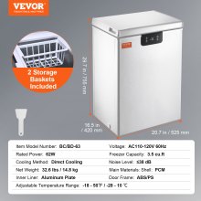 VEVOR Chest Freezer, 2.22 Cu.ft / 63 L Compact Deep Freezer, Free Standing Top Open Door Chest Freezers with 2 Removable Baskets & Adjustable Thermostat, Energy Saving & Low Noise, White