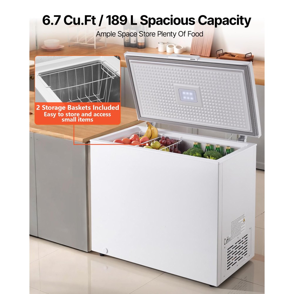 VEVOR Chest Freezer, 6.7 Cu.ft Compact Deep Freezer, Free Standing Top Open Door Chest Freezers with 2 Removable Baskets & Adjustable Thermostat - Energy Saving, Low Noise & Garage Ready, White