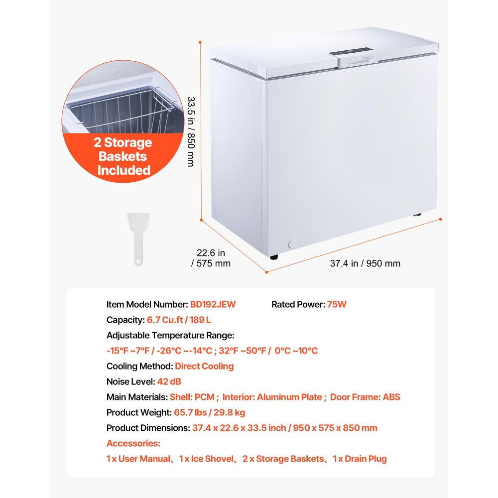 VEVOR Chest Freezer, 6.7 Cu.ft Compact Deep Freezer, Free Standing Top Open Door Chest Freezers with 2 Removable Baskets & Adjustable Thermostat - Energy Saving, Low Noise & Garage Ready, White