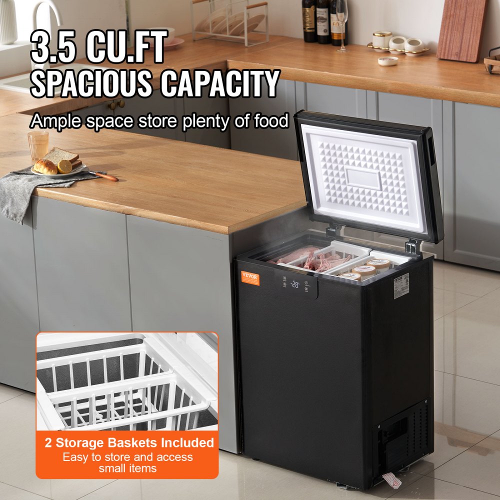 VEVOR Chest Freezer, 2.22 Cu.ft / 63 L Compact Deep Freezer, Free Standing Top Open Door Chest Freezers with 2 Removable Baskets & Adjustable Thermostat, Energy Saving & Low Noise, Black