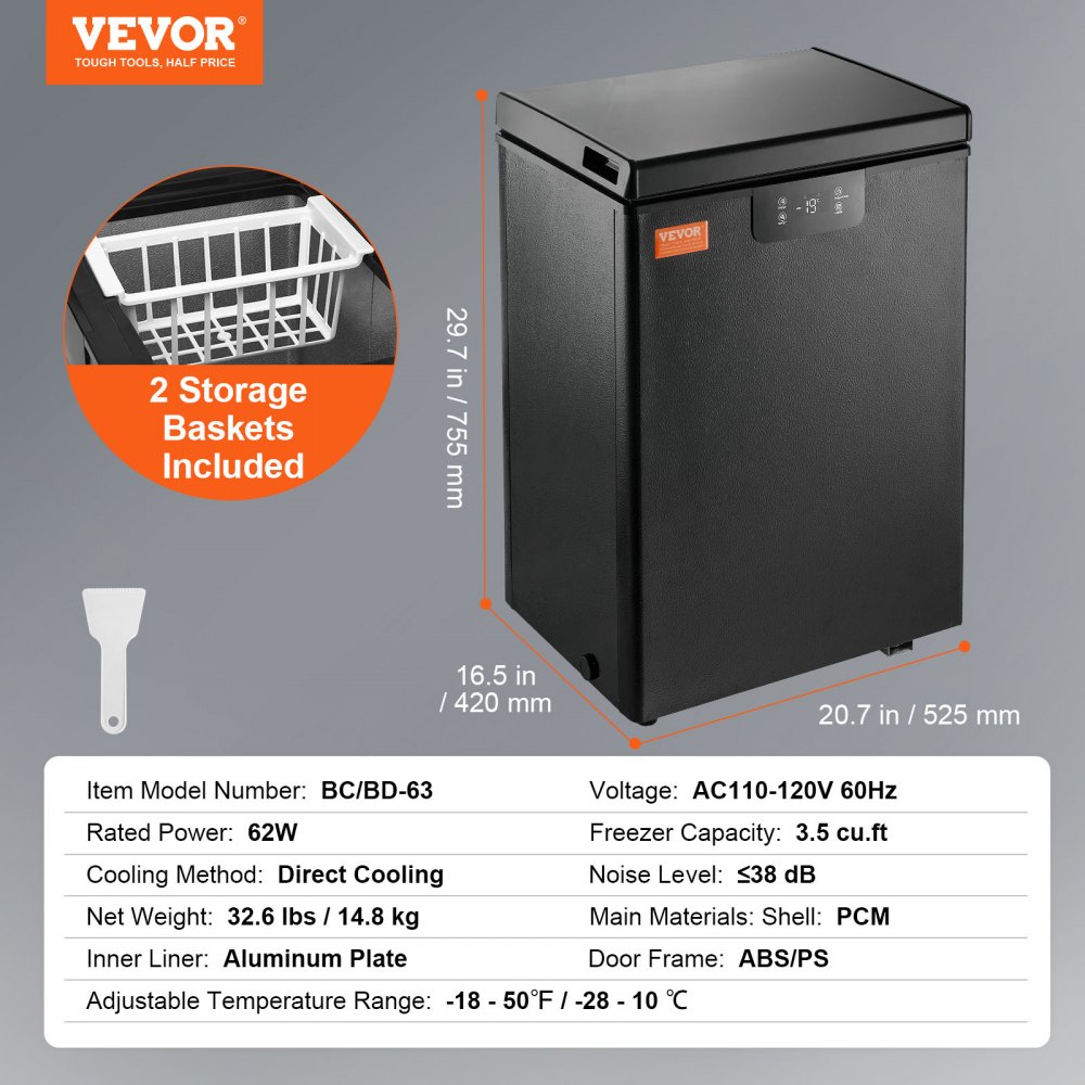 VEVOR Chest Freezer, 2.22 Cu.ft / 63 L Compact Deep Freezer, Free Standing Top Open Door Chest Freezers with 2 Removable Baskets & Adjustable Thermostat, Energy Saving & Low Noise, Black