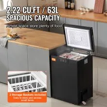 VEVOR Chest Freezer, 2.22 Cu.ft / 63 L Compact Deep Freezer, Free Standing Top Open Door Chest Freezers with 2 Removable Baskets & Adjustable Thermostat, Energy Saving & Low Noise, Black