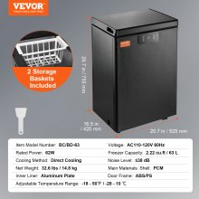 VEVOR Chest Freezer, 2.22 Cu.ft / 63 L Compact Deep Freezer, Free Standing Top Open Door Chest Freezers with 2 Removable Baskets & Adjustable Thermostat, Energy Saving & Low Noise, Black