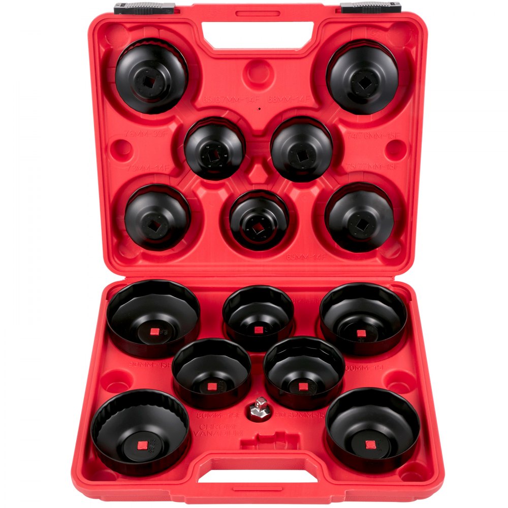 red case with various sizes of black oil filter wrenches, VEVOR oil filter wrench set.