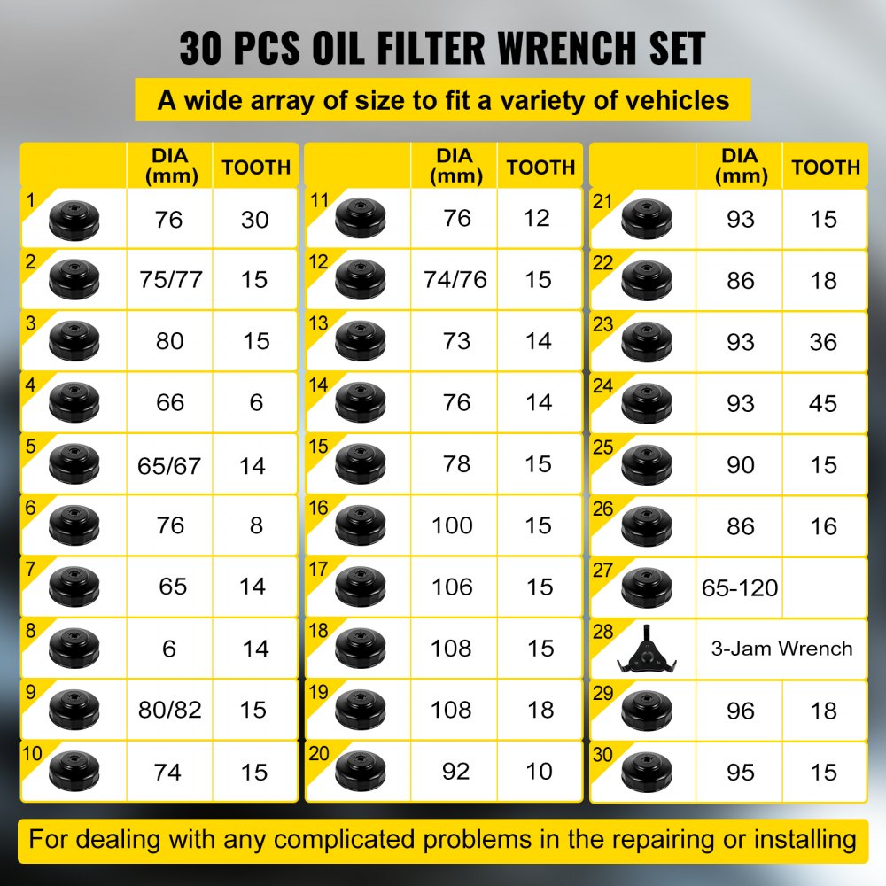 30 pcs oil filter wrench set with various sizes for different vehicles.