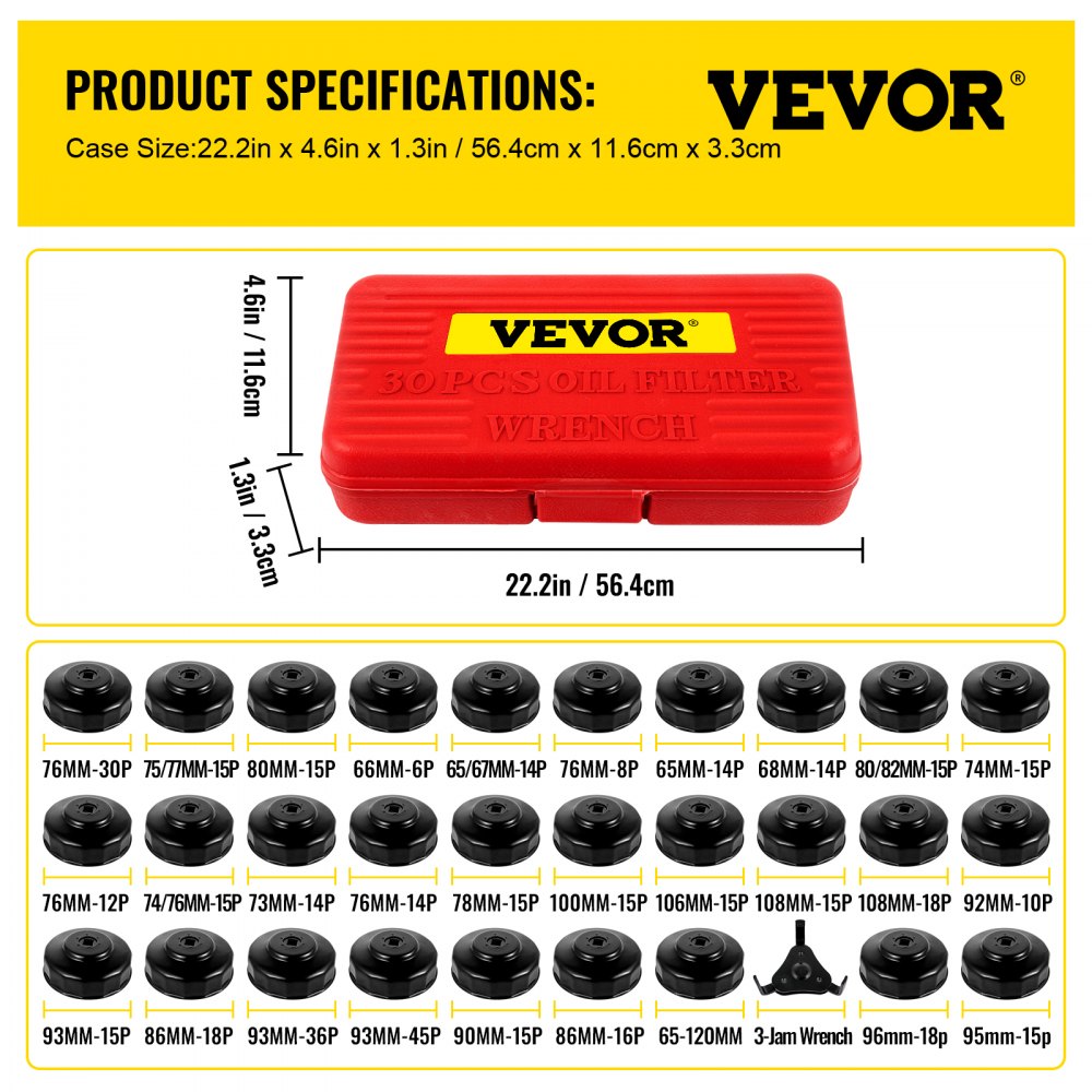 VEVOR oil filter socket set with 30 pieces in a red case showing dimensions and socket sizes