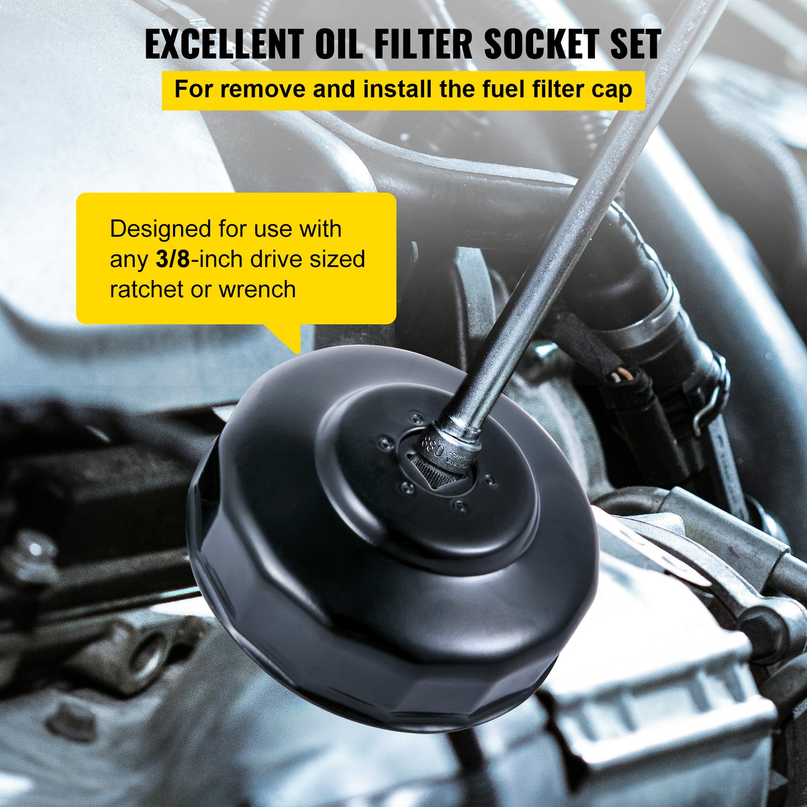 VEVOR oil filter socket set for 3/8-inch drive ratchet or wrench use.