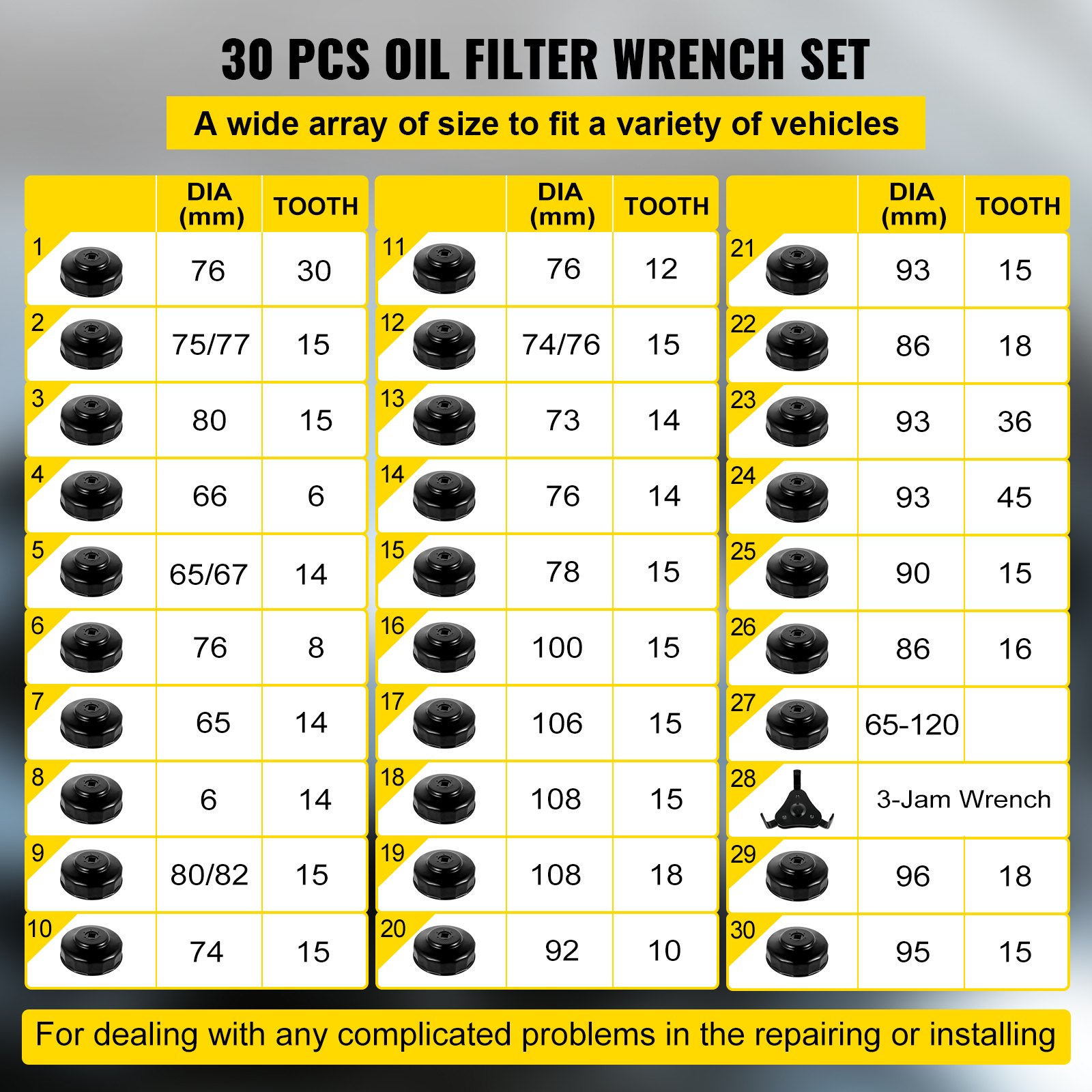 30 pcs oil filter wrench set with various sizes for different vehicles.
