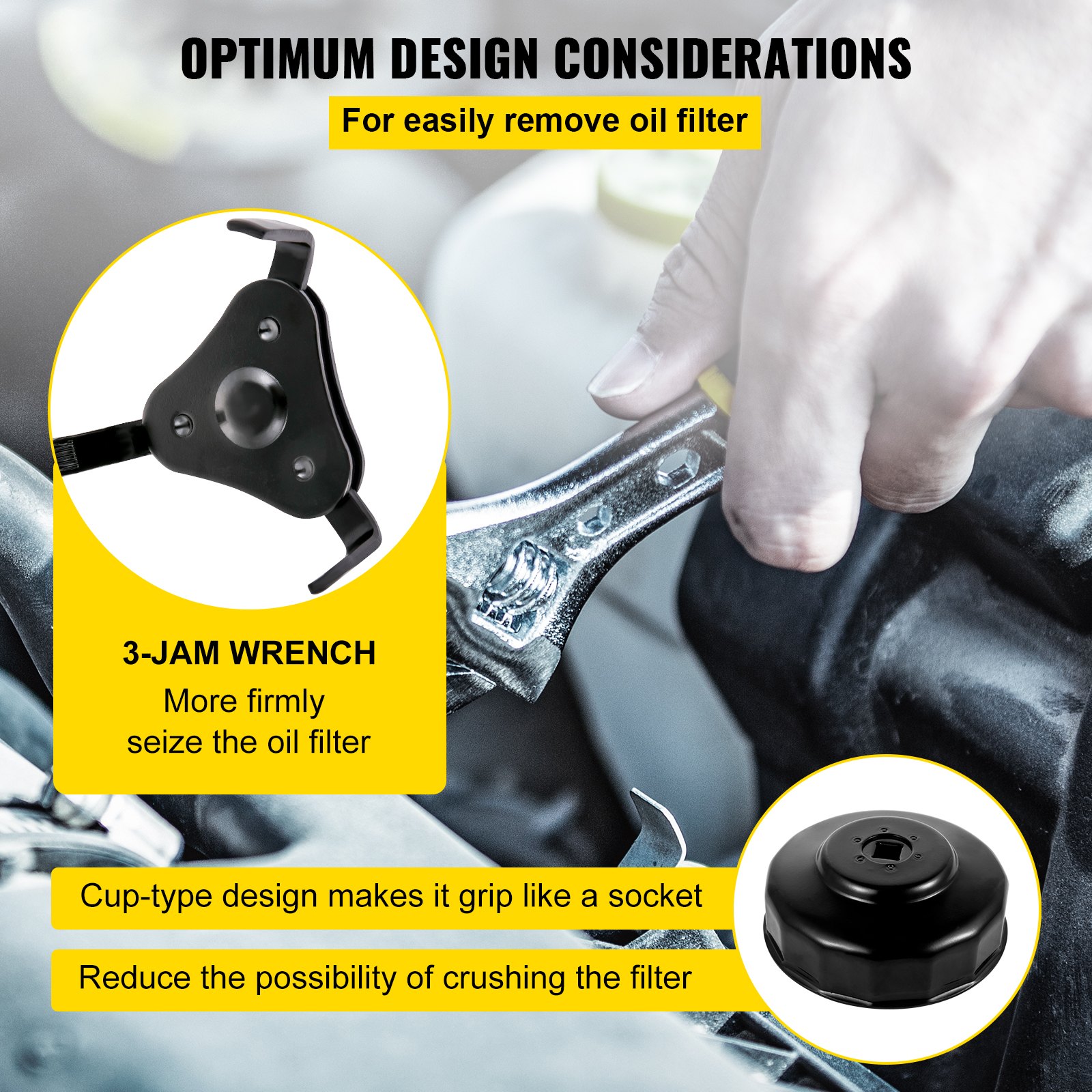 VEVOR oil filter socket set showcasing 3-jaw wrench and cup-type design for easy filter removal.