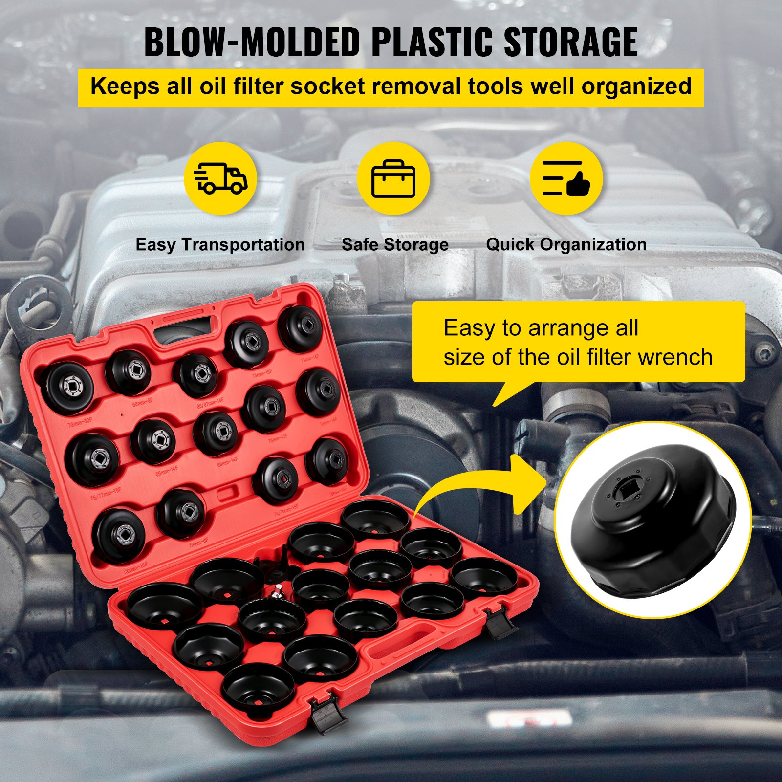 VEVOR oil filter socket set in red case, organized, with 15 sockets for easy storage.