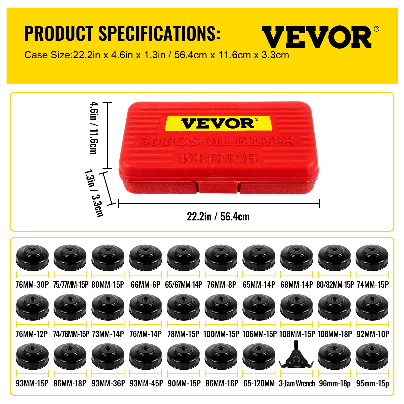 VEVOR oil filter socket set with 30 pieces in a red case showing dimensions and socket sizes
