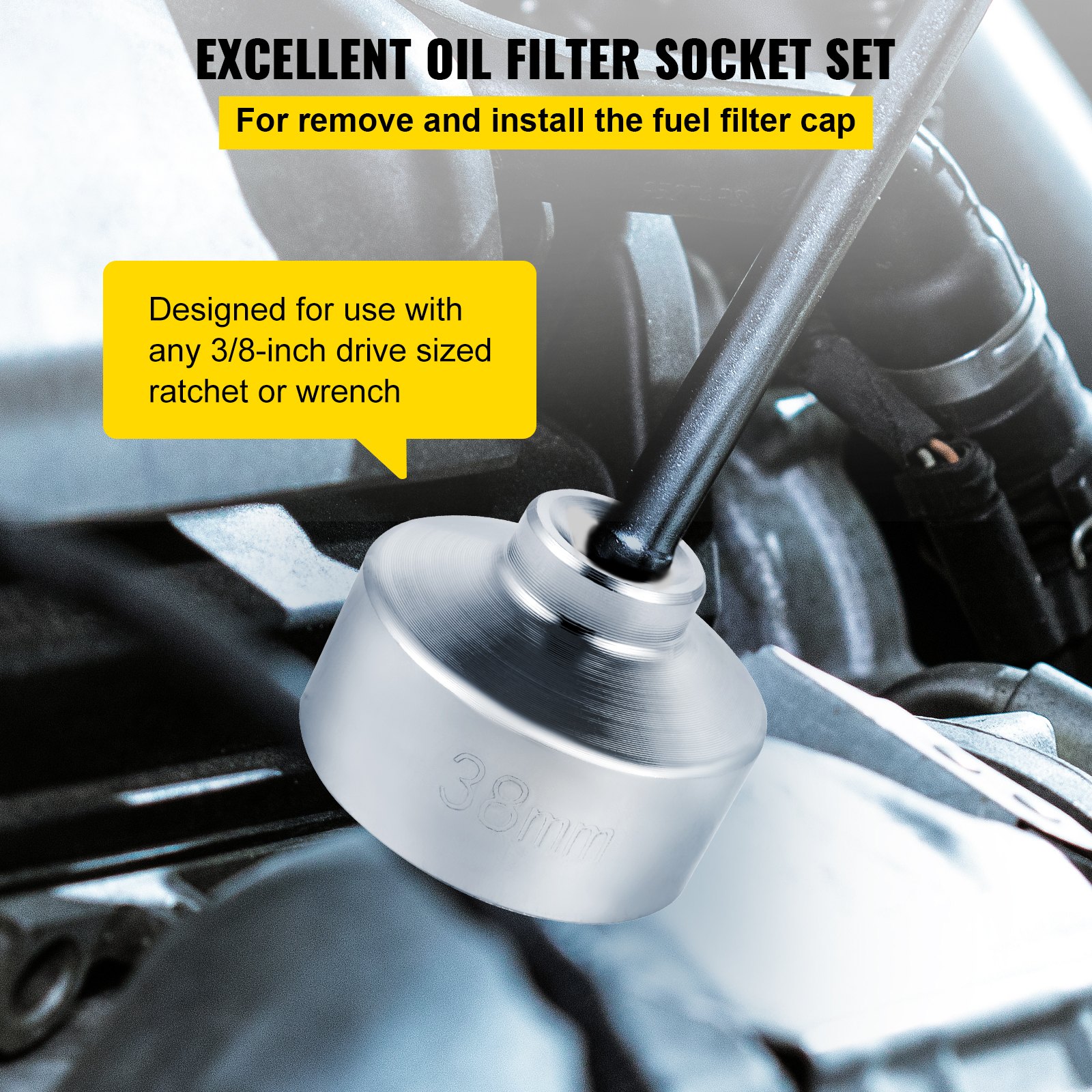 VEVOR Oil Filter Socket Set, 7 Pcs Oil Filter Wrench Set, Sturdy Steel Oil Filter Socket, 3/8" Oil Filter Socket, Low Profile Oil Filter Socket Set For Easy Access, Oil Filter Wrench Cap Set w/ Case