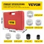 red carrying case with VEVOR logo and pipe stretcher kit specifications and sizes.