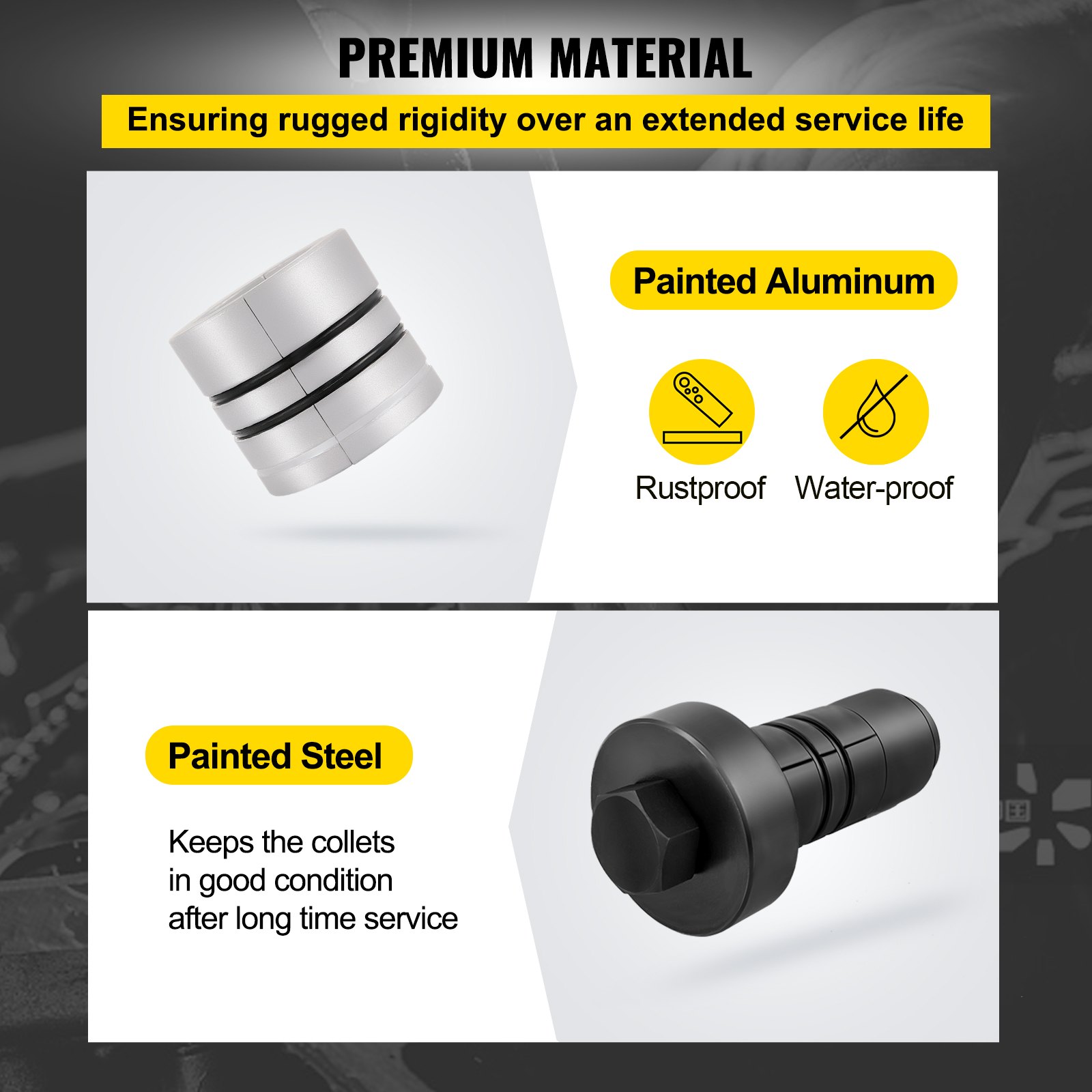 VEVOR pipe stretcher kit parts in painted aluminum and steel, rustproof and waterproof.