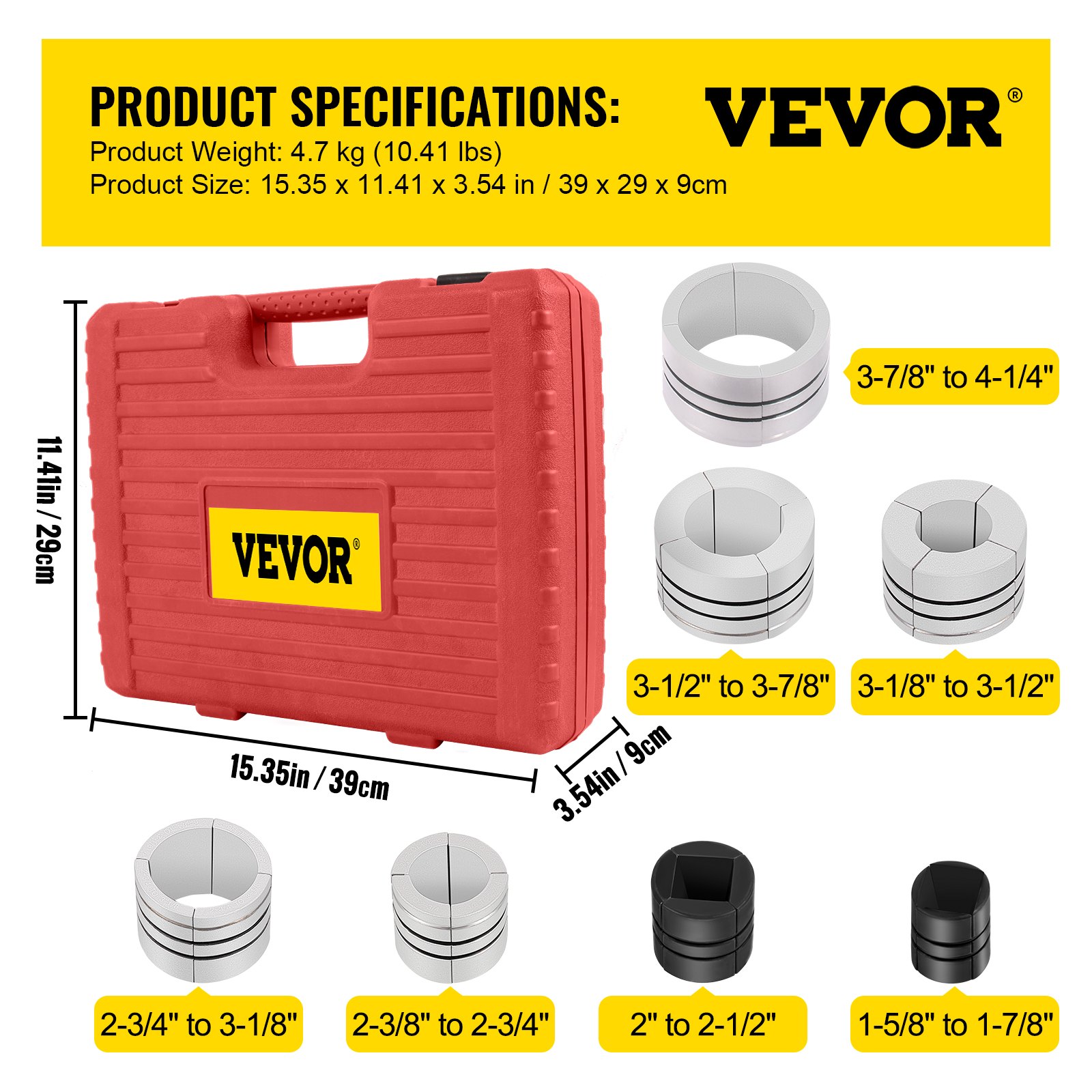 red carrying case with VEVOR logo and pipe stretcher kit specifications and sizes.