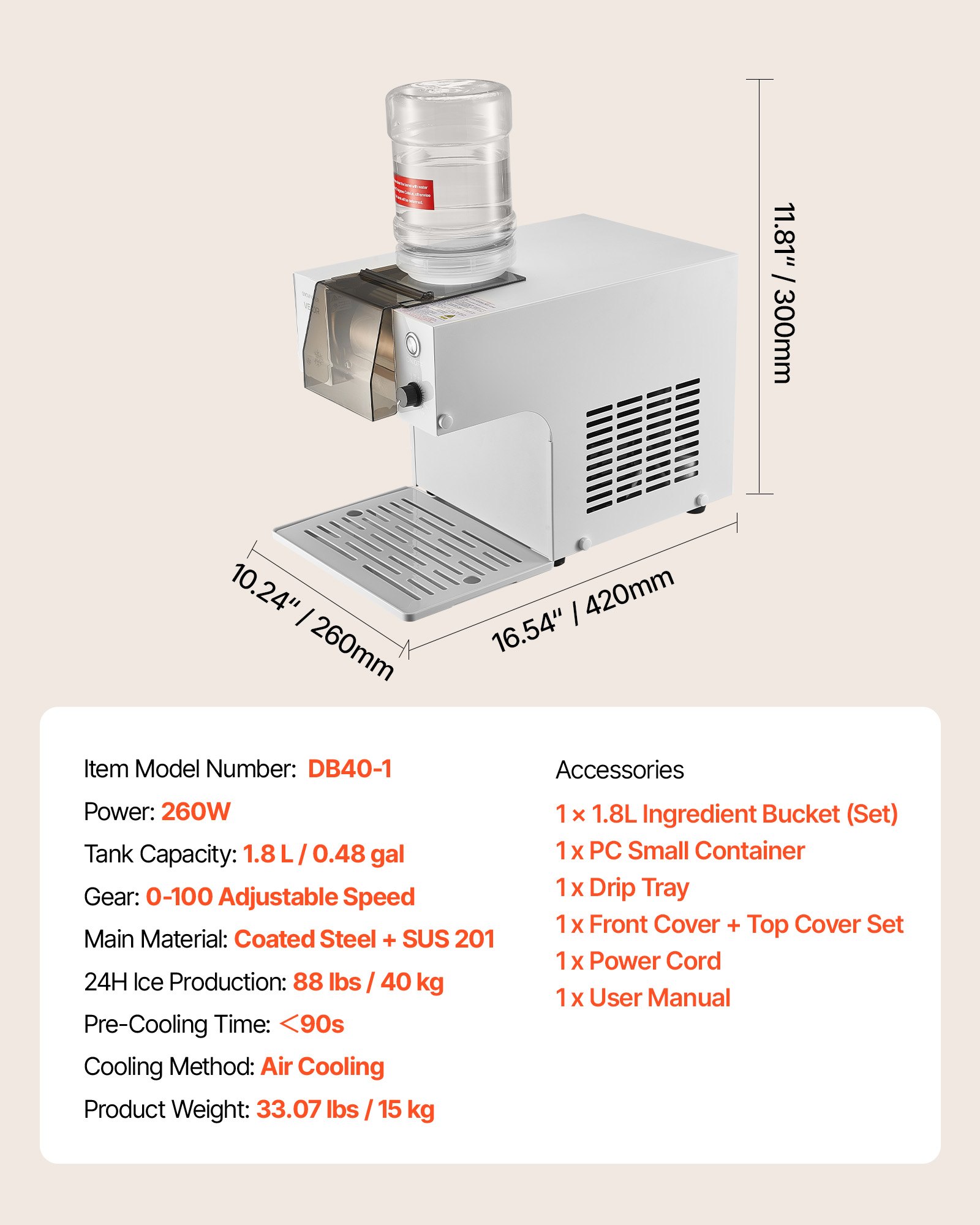 VEVOR Snowflake Ice Machine, 40KG/24H Snowflake Ice Cream Maker, Ice-Shaver Machine with Stainless Steel Blade, Electric Snow Cone Maker with 1.8L Tank, 90S Fast Pre-Cooling, for Home & Small Gatherings Slushie Machine