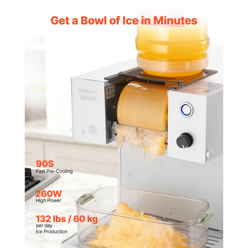 VEVOR Snowflake Ice Machine, 132LBS/24H Snowflake Ice Maker, Ice-Shaver Machine with Stainless Steel Blade, Electric Snow Cone Maker with 0.48Gal Tank, 90S Fast Pre-Cooling, for Home & Small Gathering