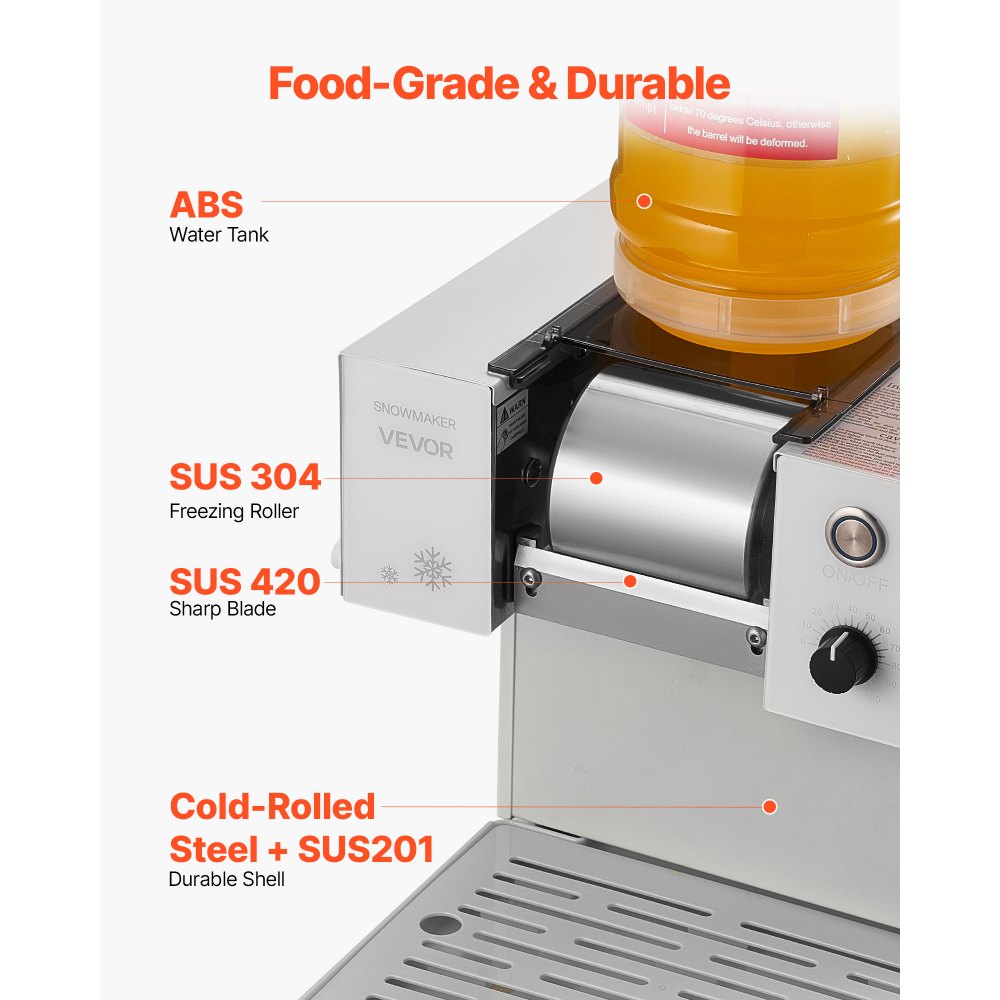 VEVOR Snowflake Ice Machine, 132LBS/24H Snowflake Ice Maker, Ice-Shaver Machine with Stainless Steel Blade, Electric Snow Cone Maker with 0.48Gal Tank, 90S Fast Pre-Cooling, for Home & Small Gathering