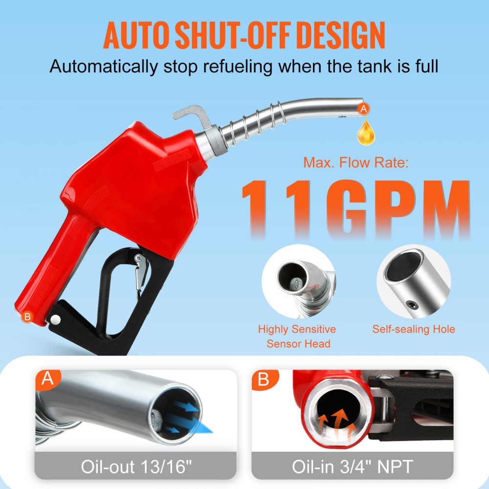 Pistola de combustible automática VEVOR, rosca de entrada NPT de 3/4" y pico de 13/16", caudal máximo de 11 GPM, apagado automático, manija de bomba de gasolina de aluminio y PVC con giro de 360° para recarga de gasolina, diésel, queroseno y biodiésel.