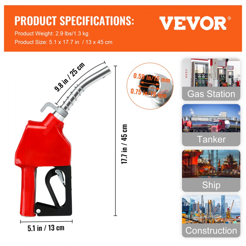 Pistola de combustible automática VEVOR, rosca de entrada NPT de 3/4" y pico de 13/16", caudal máximo de 11 GPM, apagado automático, manija de bomba de gasolina de aluminio y PVC con giro de 360° para recarga de gasolina, diésel, queroseno y biodiésel.