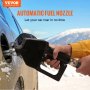 hand holding VEVOR automatic fuel nozzle, refueling a vehicle in a snowy mountainous setting.