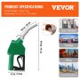 VEVOR automatic fuel nozzle, green, dimensions, suitable for gas stations, tankers, ships, construction.