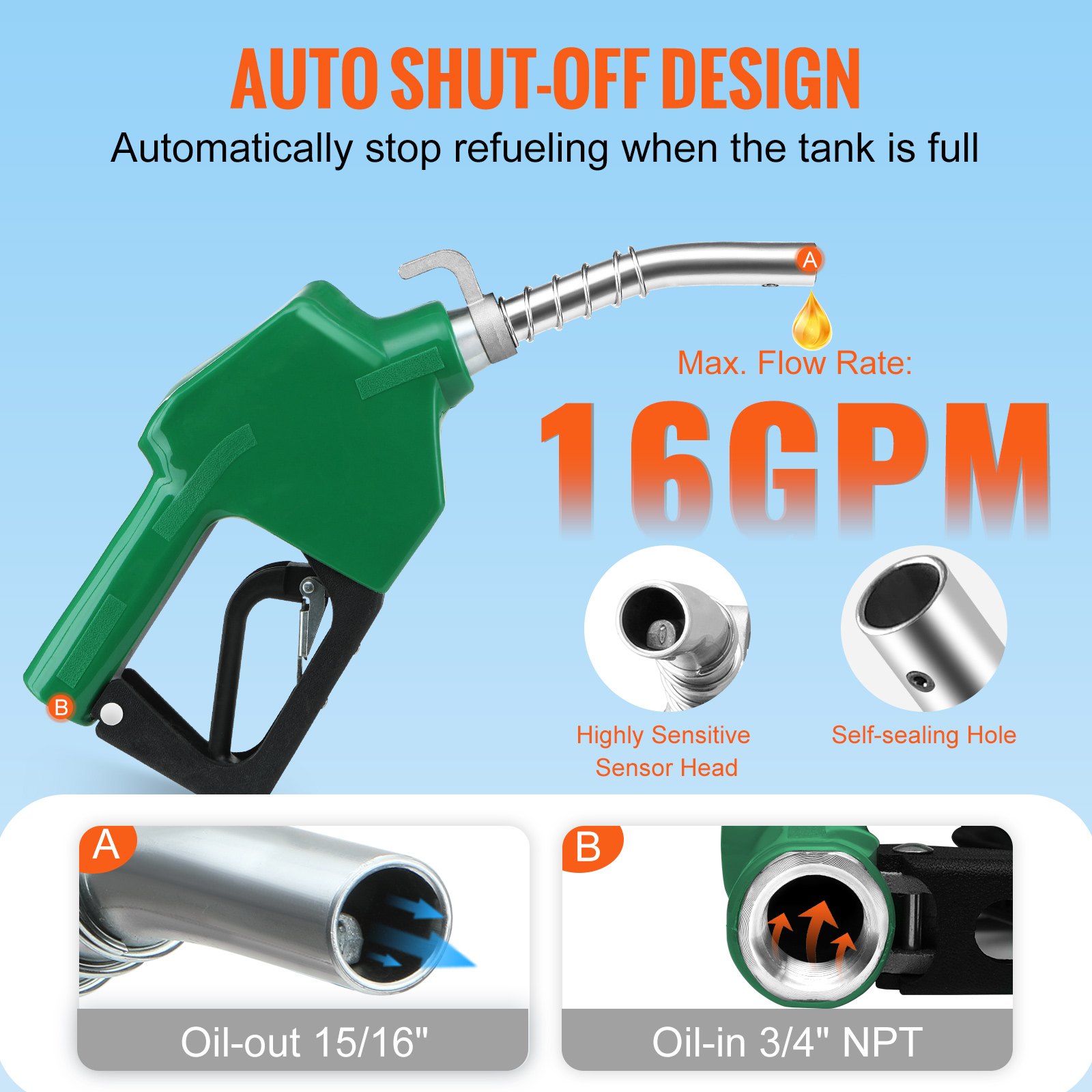 VEVOR Automatic Fuel Nozzle, 3/4" NPT Inlet Thread & 15/16" Spout, 16 GPM Max Flow Rate, Auto Shut Off, Aluminum & PVC Gas Pump Handle with 360° Swivel for Gasoline Diesel Kerosene Biodiesel Refilling