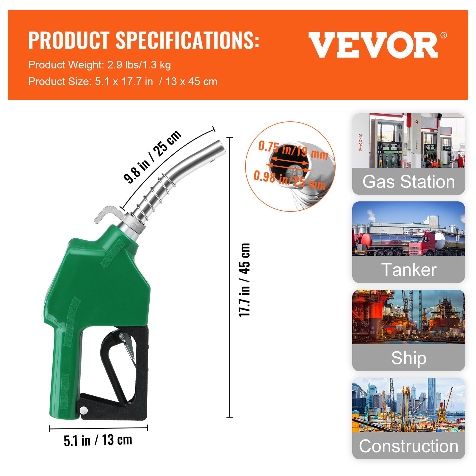 VEVOR Automatic Fuel Nozzle, 3/4" NPT Inlet Thread & 15/16" Spout, 16 GPM Max Flow Rate, Auto Shut Off, Aluminum & PVC Gas Pump Handle with 360° Swivel for Gasoline Diesel Kerosene Biodiesel Refilling