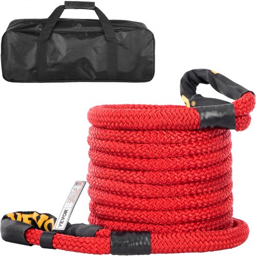 VEVOR 1" x 31.5' Recovery Tow Rope, 33,500 lbs, Heavy Duty Nylon Double Braided Kinetic Energy Rope w/ Loops and Protective Sleeves, for Truck Off-Road Vehicle ATV UTV, Carry Bag Included, Red