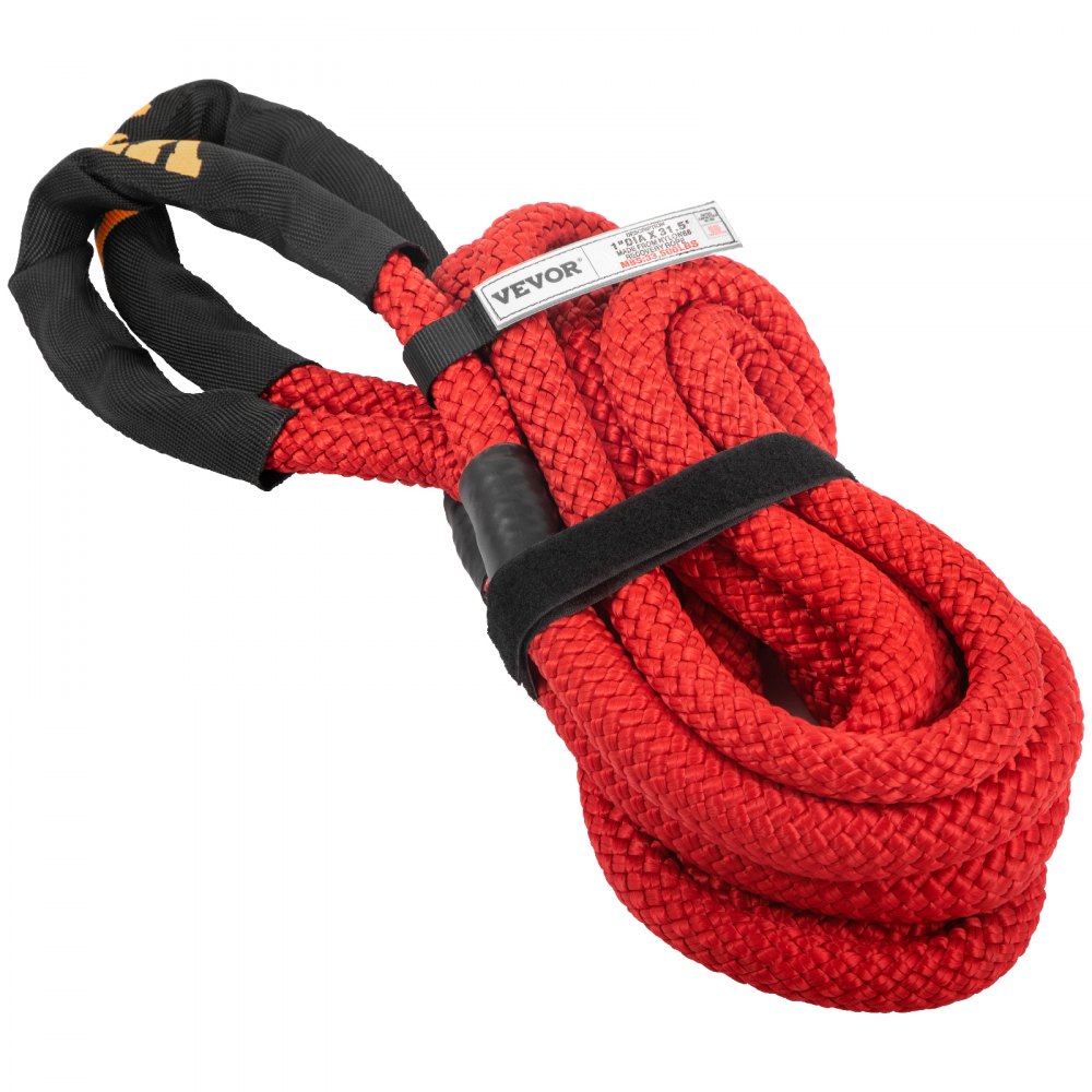 VEVOR 1\" x 31.5\' Recovery Tow Rope, 15195 kg, Heavy Duty Nylon Double Braided Kinetic Energy Rope with Loops and Protective Sleeves, for Truck Off-Road Vehicle ATV UTV, Carry Bag Included, Red