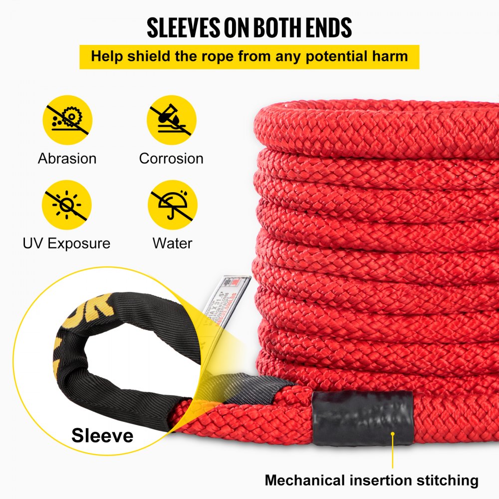 VEVOR 1\" x 31.5\' Recovery Tow Rope, 33,500 lbs, Heavy Duty Nylon Double Braided Kinetic Energy Rope with Loops and Protective Sleeves, for Truck Off-Road Vehicle ATV UTV, Carry Bag Included, Red