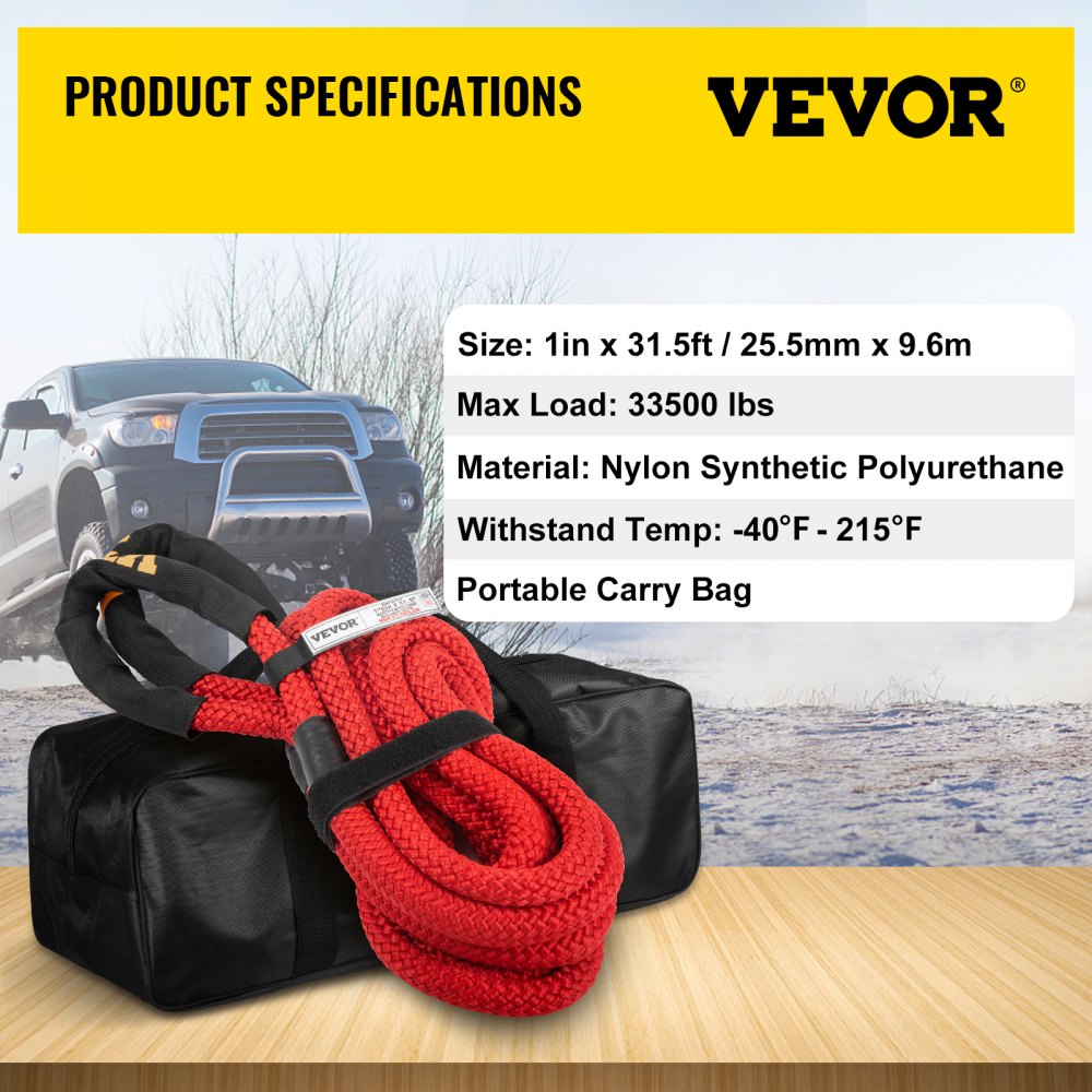 VEVOR 1\" x 31.5\' Recovery Tow Rope, 33,500 lbs, Heavy Duty Nylon Double Braided Kinetic Energy Rope with Loops and Protective Sleeves, for Truck Off-Road Vehicle ATV UTV, Carry Bag Included, Red