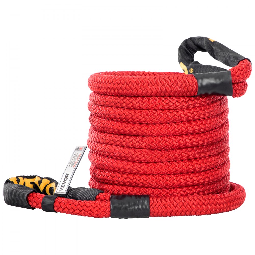 VEVOR 1\" x 31.5\' Recovery Tow Rope, 33,500 lbs, Heavy Duty Nylon Double Braided Kinetic Energy Rope with Loops and Protective Sleeves, for Truck Off-Road Vehicle ATV UTV, Carry Bag Included, Red