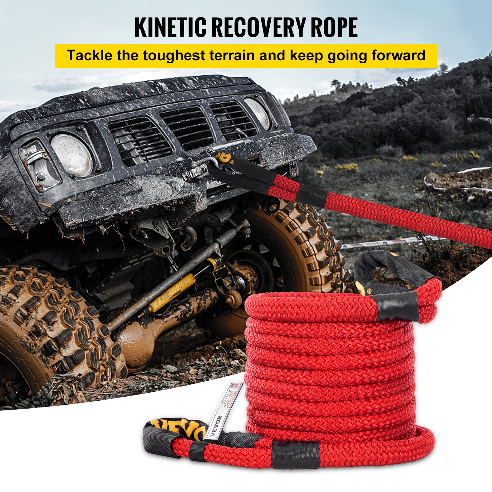 VEVOR 1\" x 31.5\' Recovery Tow Rope, 15195 kg, Heavy Duty Nylon Double Braided Kinetic Energy Rope with Loops and Protective Sleeves, for Truck Off-Road Vehicle ATV UTV, Carry Bag Included, Red